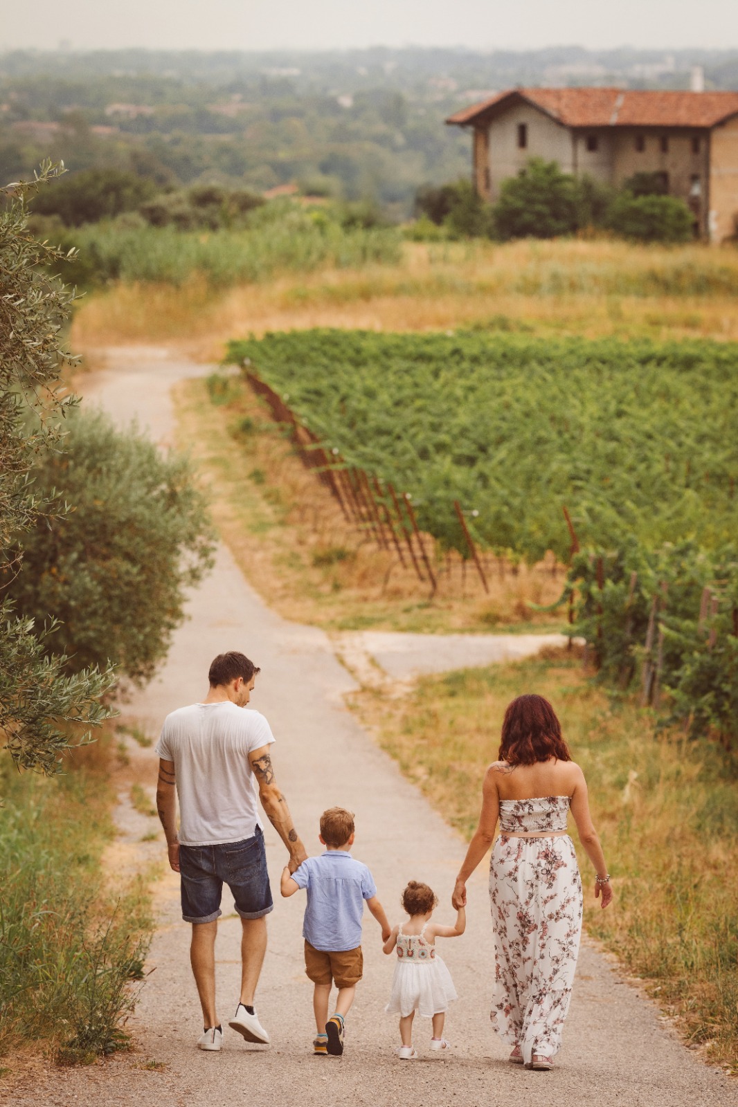 Famiglia che cammina tra vigne e uliveti